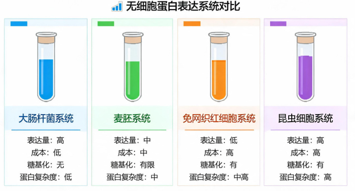 四种主流无细胞蛋白表达系统(大肠杆菌、麦胚、兔网织红细胞、昆虫细胞)的对比示意图20260828020643653.png