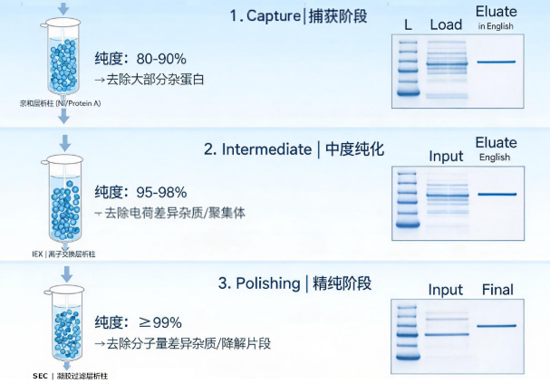 图4：重组蛋白纯化三步法，捕获、中度纯化、精纯各阶段的层析技术与纯度目标20260908102501996.png