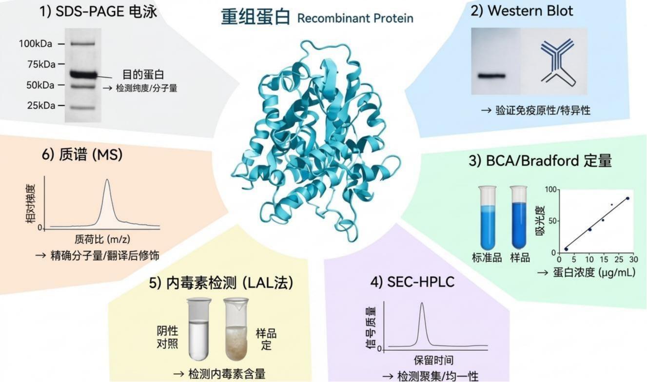 图5：重组蛋白六维质量控制体系，SDS-PAGE、Western Blot、BCA定量、SEC-HPLC、内毒素检测、质谱分析20260908102513371.jpg